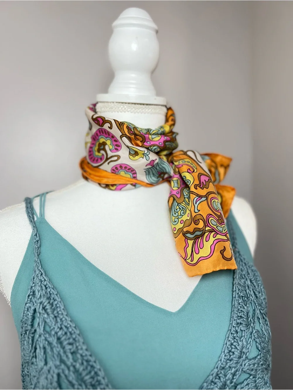 Vintage 1970s 100% Silk Long Paisley Floral Scarf Wrap Orange Boho Festival 🧡